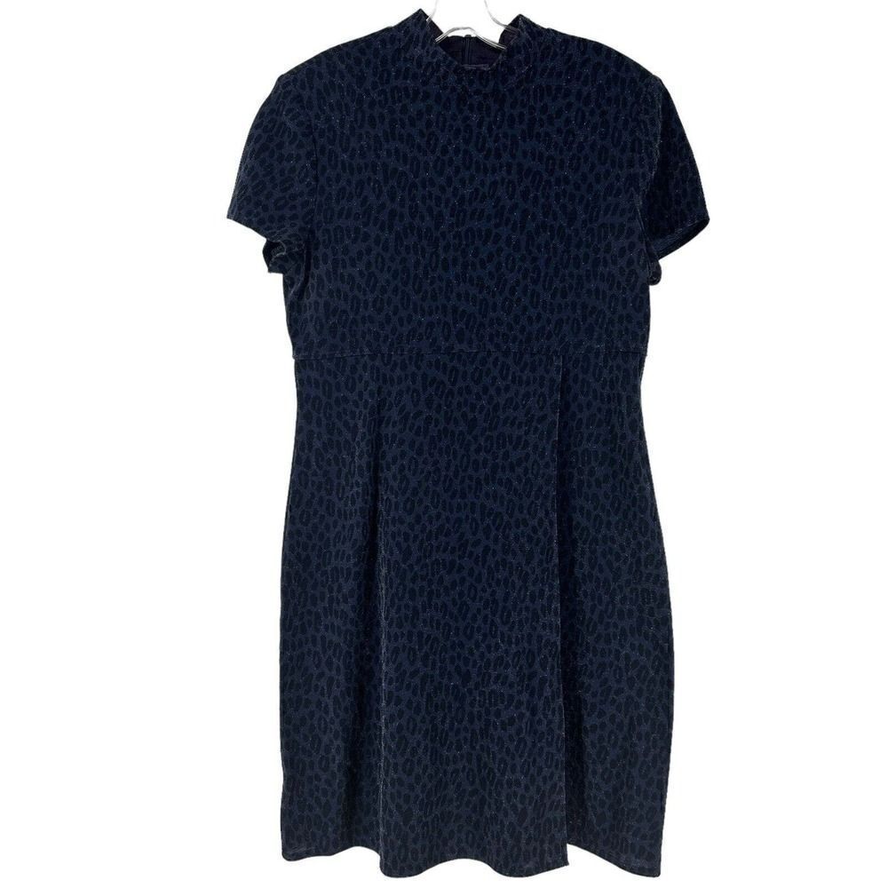 Jessica Howard Dress Blue Glitter Leopard Mock Neck Sz 14 Shoulder Pads Vintage